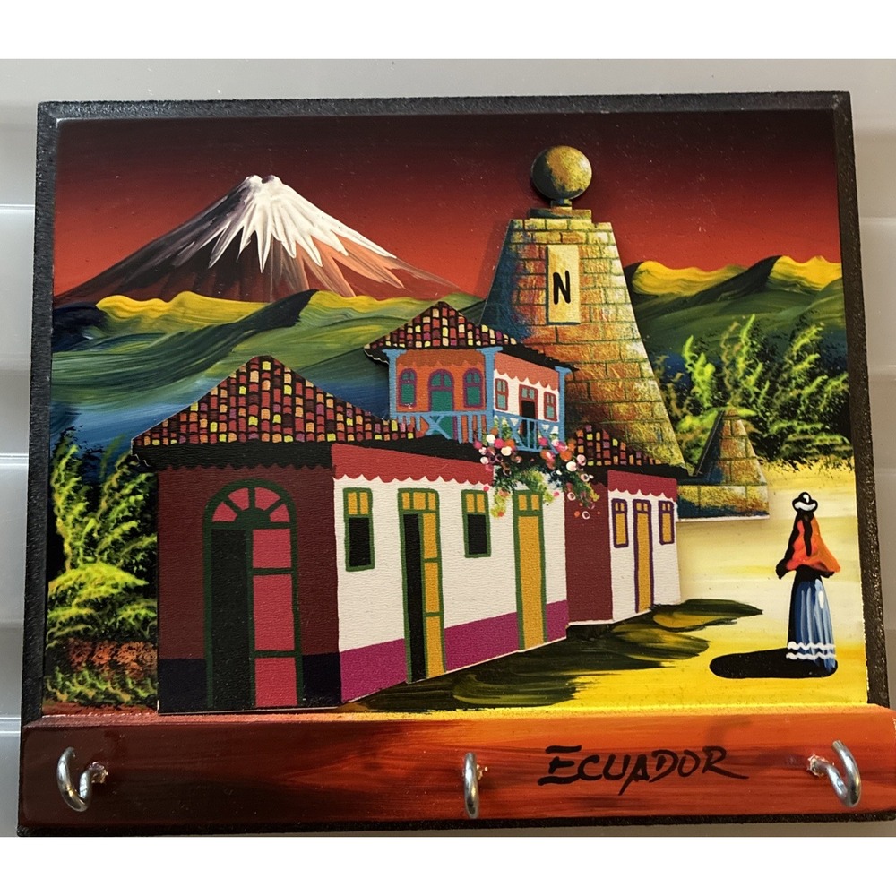 Ecuador Hand Painted Wood Wall Art Key Holder Souvenir Raised Picture